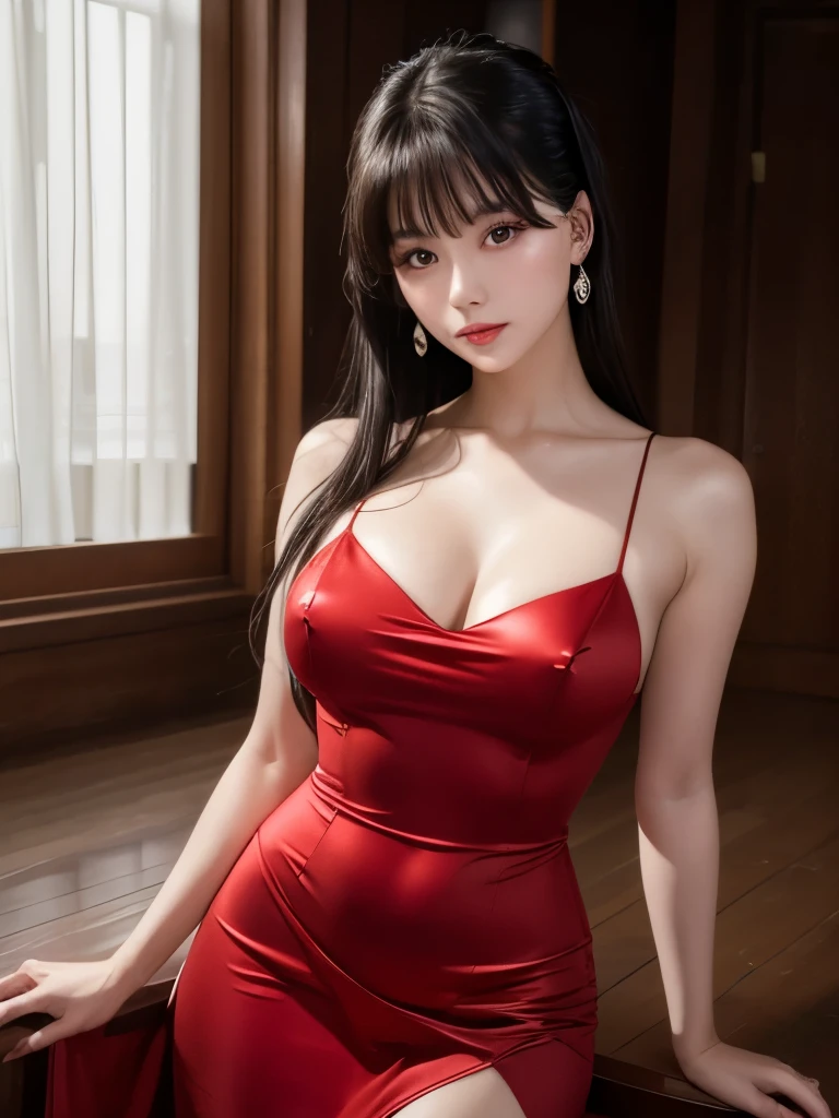 masterpiece, Ultra-high resolution, girl, Black Hair, 1990s (style), Red sleeveless dress, Long Hair, Detailed beautiful round face, Long eyelashes, Amber Eyes, Retro Film, Film Grain, 