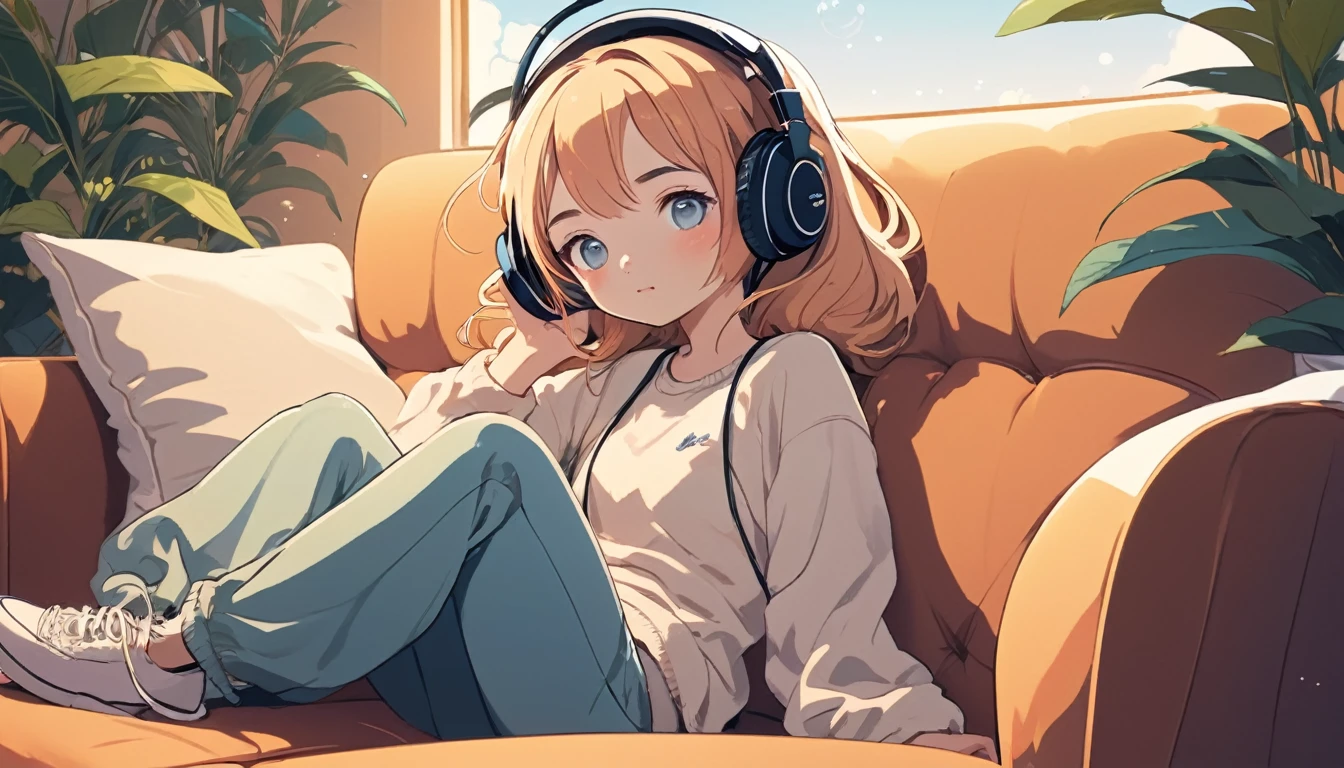 A girl wearing headphones is sitting comfortably on a sofa, Wide-angle lens, Lofi Anime, Lofi illustration, Aesthetic atmosphere, Lo-Fi Style, Vector art, Flat Design, Simple shape, Warm tones, Pleasant atmosphere, Chill, In anime style, Digital drawing, Vector art, Vector logo for t-shirt printing, (Adorable:1.5), (small:1.4), (Playful:1.2), (soft:1.3), (Whimsical:1.1), masterpiece, Highest quality, 8K, Intricate details, grow, Celestial, Mysterious, Picturesque, amazing, Majestic, Magic, Fantasy art, Cover art, dream-like