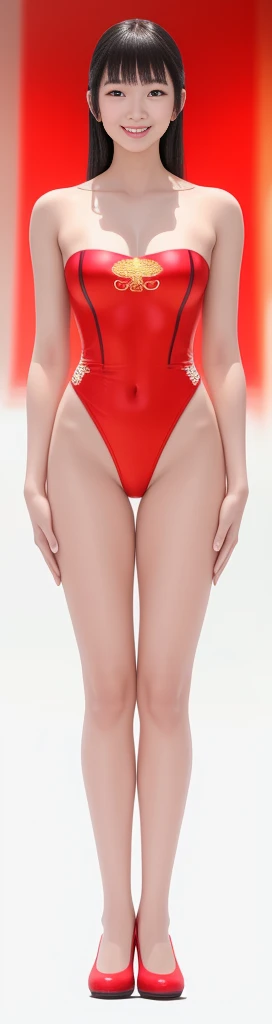 On a white background,A tall and beautiful Chinese girl,with fair skin,Toothy smile,A big smile,When you laugh, Your eyes are crescent-shaped,blunt bangs, long straight hair,Wear a one-piece swimsuit and pumps,Swimsuits are decorated with joyful patterns, Stand up straight,Stand upright,hands on sides,Symmetrical distribution,Ray tracing,All shaded areas,No windows, Soft lighting, Warm light, flood light, n, Studio light, 1.4x Realistic Ultra HD