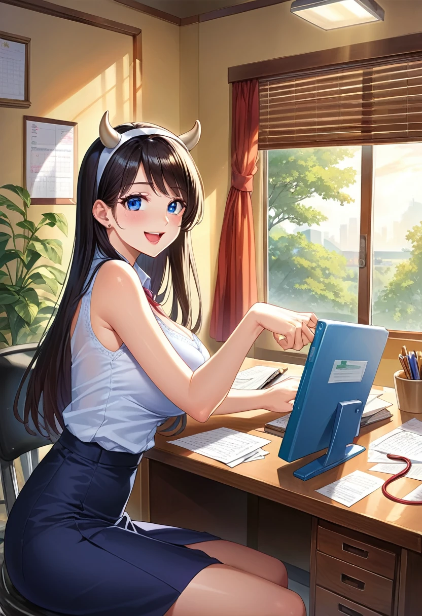 detailed illustration (side view),dynamic angle, ultra-detailed, illustration, clean line art, shading, anime, detailed eyes, detailed face, beautiful face, dramatic lighting, detailed illustration, dynamic angle, ultra-detailed, illustration,
Ultra HD, super high quality, masterpiece, detailed, 8K, The place is a business corner office, A office secretary in the room room,1Person sitting, hand singing documents, working at a desk, 30 year old female secretary, has long black hair, Has blue eyes, She has cow horns and a glamorous figure, The clothes she’s wearing are a camisole and a miniskirt, Knee-high, Pretty sexy, business clothes, anime girl, cow horns on head, cow ears, no human ears, anime woman, sitting in chair at desk, desk between her and viewer, handling viewer document. Sitting in chair behind desk, leaning forward onto desk, sunny farm outside window, smiling women, business casual suit, large breasts, breasts resting on desk, no human ears