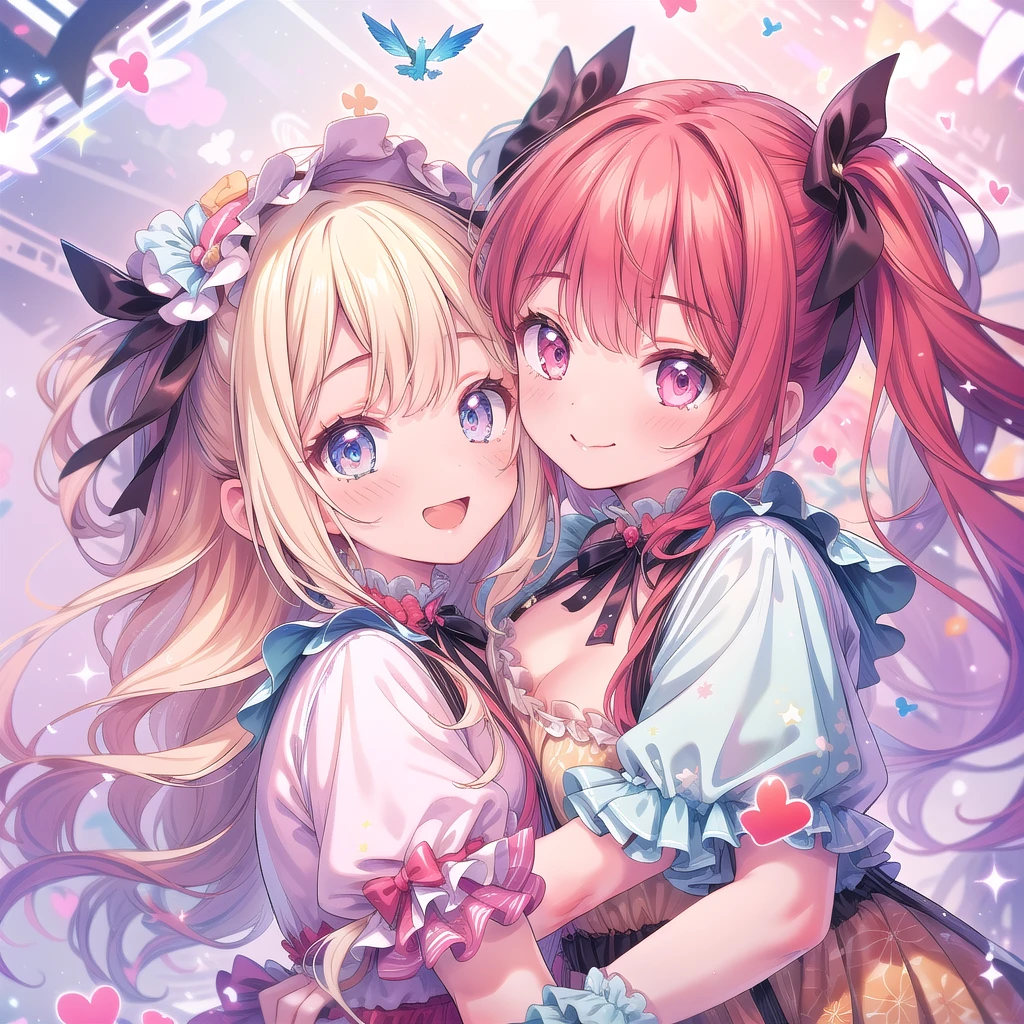 (masterpiece:1.2), best quality, high resolution, extremely detailed CG, absurdres, highres, 2girls, two girls hugs together , frills, kawaii, happy, dreamland, details background