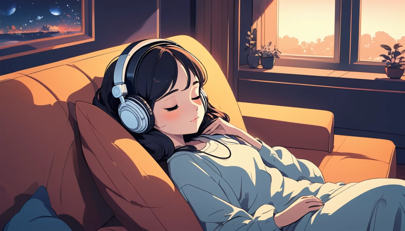 A woman wearing headphones is sleeping comfortably on a sofa, Wide-angle lens, Lofi Anime, Lofi illustration, Aesthetic atmosphere, Lo-Fi Style, Vector art, Flat Design, Simple shape, Warm tones, Pleasant atmosphere, Chill, In anime style, Digital drawing, Vector art, Vector logo for t-shirt printing, (Adorable:1.5), (small:1.4), (Playful:1.2), (soft:1.3), (Whimsical:1.1), masterpiece, Highest quality, 8K, Intricate details, grow, Celestial, Mysterious, Picturesque, amazing, Majestic, Magic, Fantasy art, Cover art, dream-like