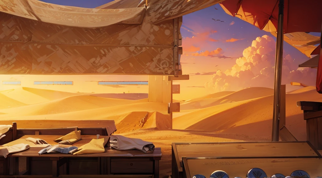 (sand ground, sand hill behind the stall:1.3), traditional market, market stall, market tens, dawn time, daybreak sky, early morning,