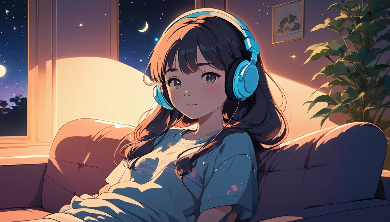 A girl with headphones on is sitting comfortably on a sofa at night, Wide-angle lens, Lofi Anime, Lofi illustration, Aesthetic atmosphere, Lo-Fi Style, Vector art, Flat Design, Simple shape, Warm tones, Pleasant atmosphere, Chill, In anime style, Digital drawing, Vector art, Vector logo for t-shirt printing, (Adorable:1.5), (small:1.4), (Playful:1.2), (soft:1.3), (Whimsical:1.1), masterpiece, Highest quality, 8K, Intricate details, grow, Celestial, Mysterious, Picturesque, amazing, Majestic, Magic, Fantasy art, Cover art, dream-like