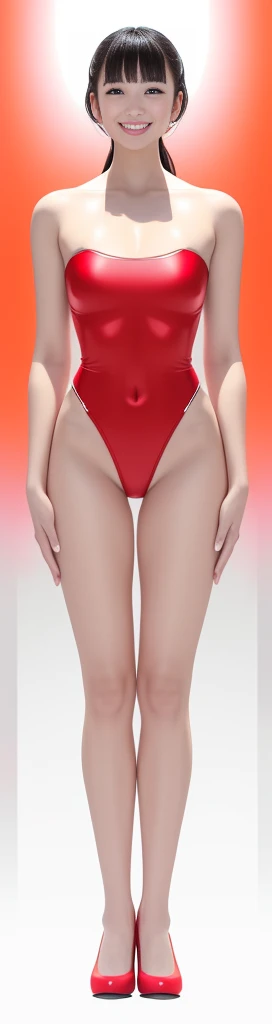 On a white background,A tall and beautiful Chinese girl,with fair skin,Toothy smile,A big smile,When you laugh, Your eyes are crescent-shaped,blunt bangs, long straight hair,Wear a one-piece swimsuit and pumps,Swimsuits are decorated with joyful patterns, Stand up straight,Stand upright,hands on sides,Symmetrical distribution,Ray tracing,All shaded areas,No windows, Soft lighting, Warm light, flood light, n, Studio light, 1.4x Realistic Ultra HD