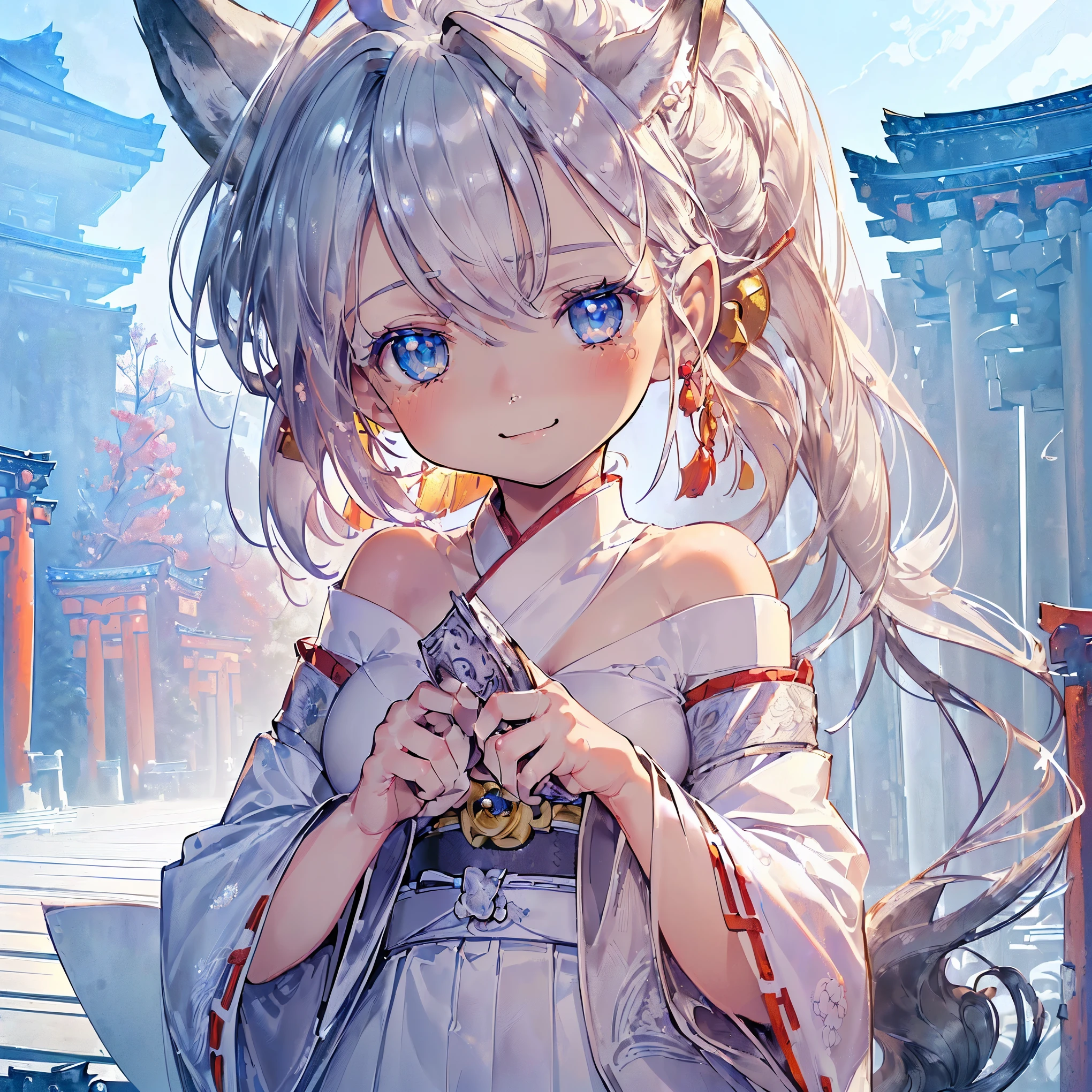 (((Masterpiece))), (((Highest quality))), ((Ultra-detailed)), ((Super fine illustration)), ((Ultra-fine painting)), (16K highest quality wallpaper:1.4), (Chibi:2.0), (Full body:1.6), HDR, (Highly detailed and delicate illustration style:1.8), Detailed skin texture, Detailed cloth texture, Extreme detailed description, (Highly detailed face:1.4), (Highly detailed beautiful silver fox ears:1.4), (Highly detailed beautiful low-ponytail:1.2), (Highly detailed beautiful blue eyes:1.2), Original, Intricate details, Super details, (Perfect anatomy:1.4), (Highly detailed hands:1.2), (Highly detailed fingers:1.2), (Highly detailed fingertips:1.2), (27-years-old), (Solo:1.6), ((A very beautiful and attractive silver (fox:1.4) female fashion model:1.4)) BRAKE (Beautiful and adorable silver fox ears:1.8), (Highly detailed and delicate silver fox ears:1.6), (Beautiful and well-shaped big breasts:1.4), (Beautiful and well-shaped buttocks), (Beautiful and shiny silver low-ponytail:1.6), (Highly detailed and delicate silver low-ponytail:1.2), (Beautiful and clear blue eyes:1.6), (Highly detailed and delicate blue eyes:1.2), (Highly detailed face:1.4), (Smile:1.5), (Blush:1.3), (Looking at viewer:1.4), (Celebration:1.4), (Standing:1.4) BRAKE ((Bright white and red) sacred Off-the-shoulder traditional Japanese shrine maiden costume:1.4), (Off-the-shoulder Japanese divine traditional costume:1.2) BRAKE (Concept art:1.2) BRAKE ((Highly detailed and beautiful Ise Grand Shrine in Mie Prefecture just after noon in the background:1.6), (Celebration:1.4), Highly beautiful in the sunny sky background just after noon:1.2) BRAKE