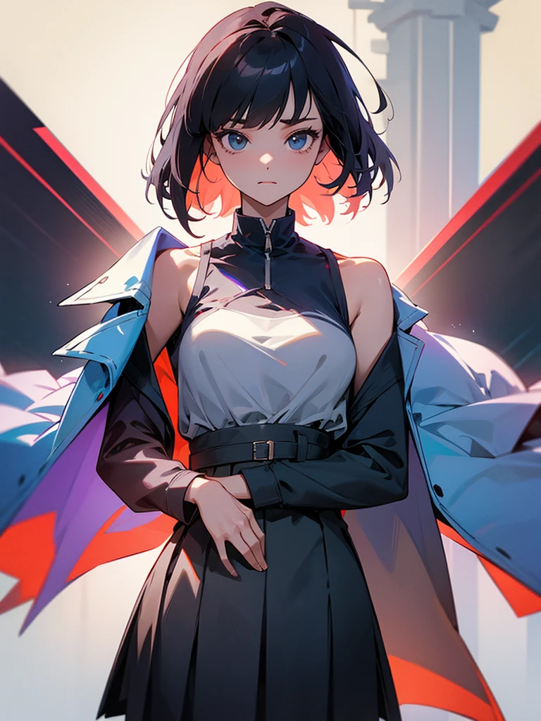 She is wearing a skirt and a shirt, jacket on top of the shirt, shoulders off.