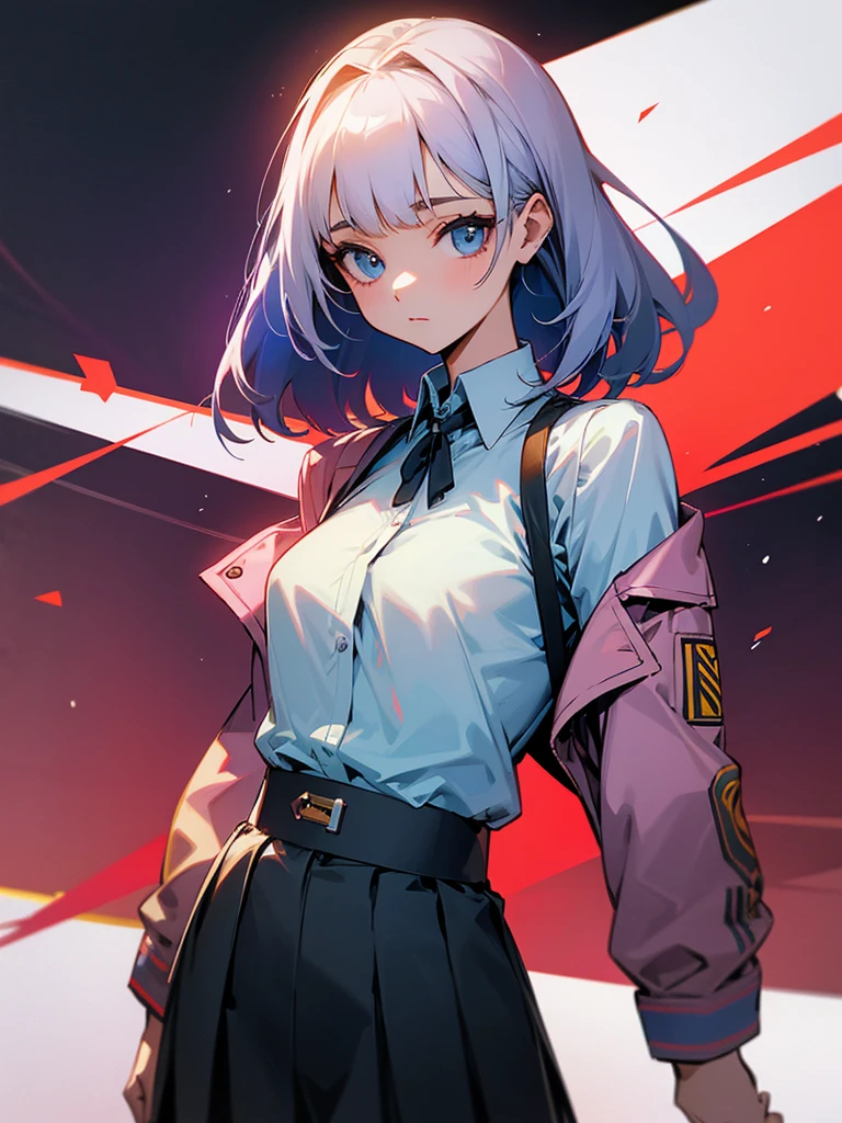 She is wearing a skirt and a shirt, jacket on top of the shirt, shoulders off.