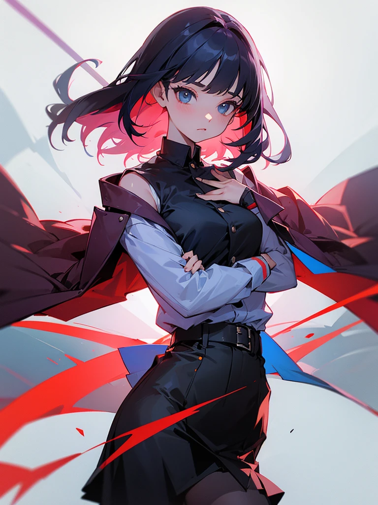 She is wearing a skirt and a shirt, jacket on top of the shirt, shoulders off.