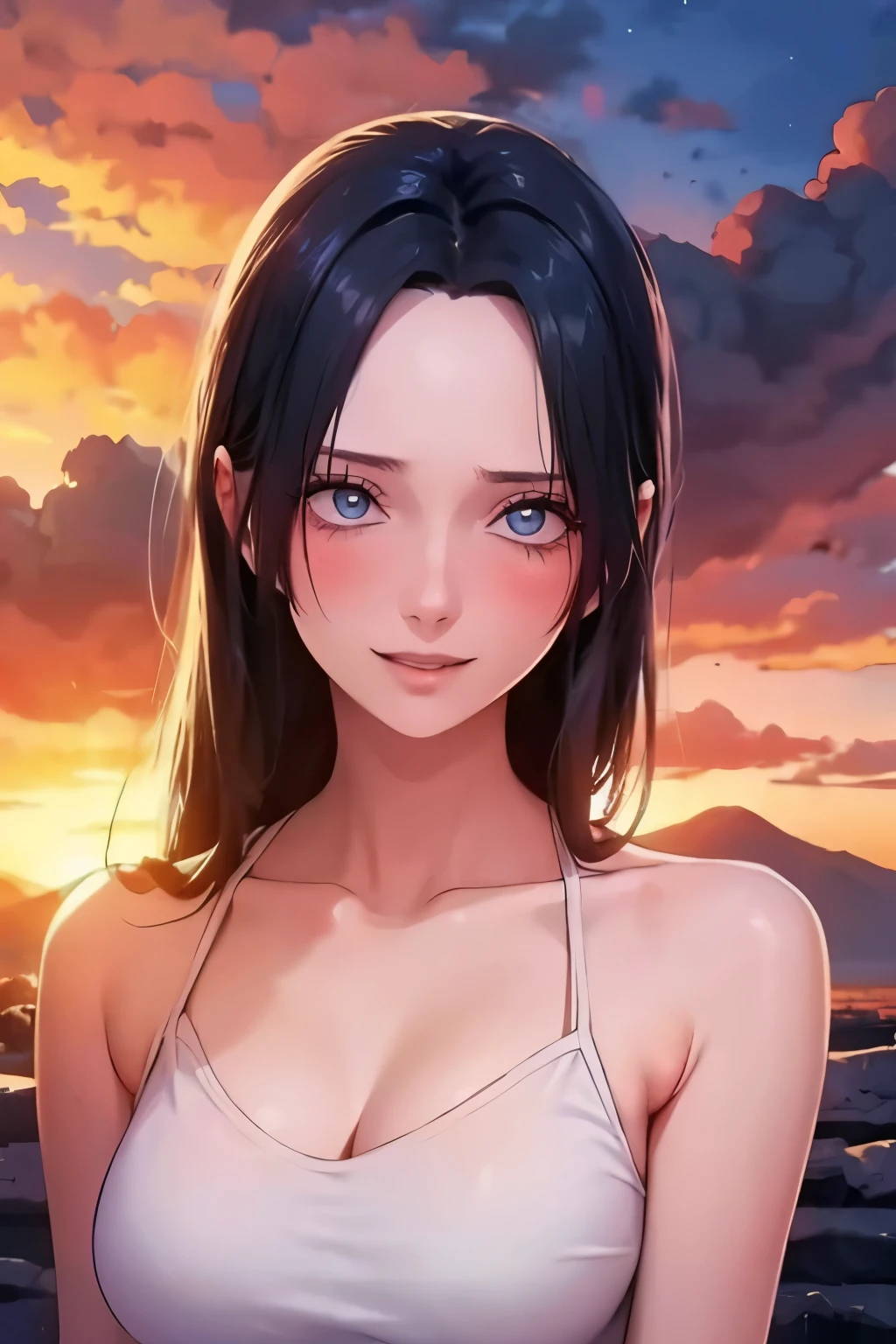 1girl, masterpiece, extremly detailed, (beautiful detailed glow), lens flare, white hair, short hair, floating hair, looking back, back behind, smile, blue eyes, white dress, medium breasts, upper body, wide shot, straw hat, ((salar de uyuni)), sunrise, clouds, backlighting, purple sky, yellow sky, gradient sky, hands on hat