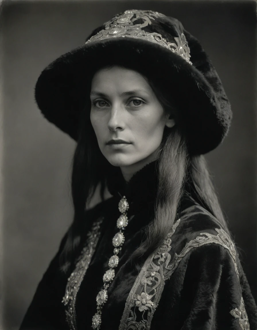 by Moebius Jean Giraud, by Caspar David Friedrich, ((((Rough monochrome, daguerreotype)))), a powerful noblewoman, bronze skin, tanned, dignified, sensual, facing viewer. She is wearing a fur hat and a veil. She is wearing a black Byzantine caftan with Slavic elements, embroidered lozenge symbology, sashes, diamond shape pendant.