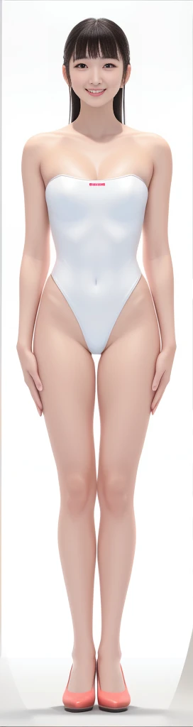 On a white background,A tall and beautiful Chinese girl,with fair skin,Toothy smile,A big smile,When you laugh, Your eyes are crescent-shaped,blunt bangs, long straight hair,Wear a one-piece swimsuit and pumps,Swimsuits are decorated with joyful patterns, Stand up straight,Stand upright,hands on sides,Symmetrical distribution,Ray tracing,All shaded areas,No windows, Soft lighting, Warm light, flood light, n, Studio light, 1.4x Realistic Ultra HD