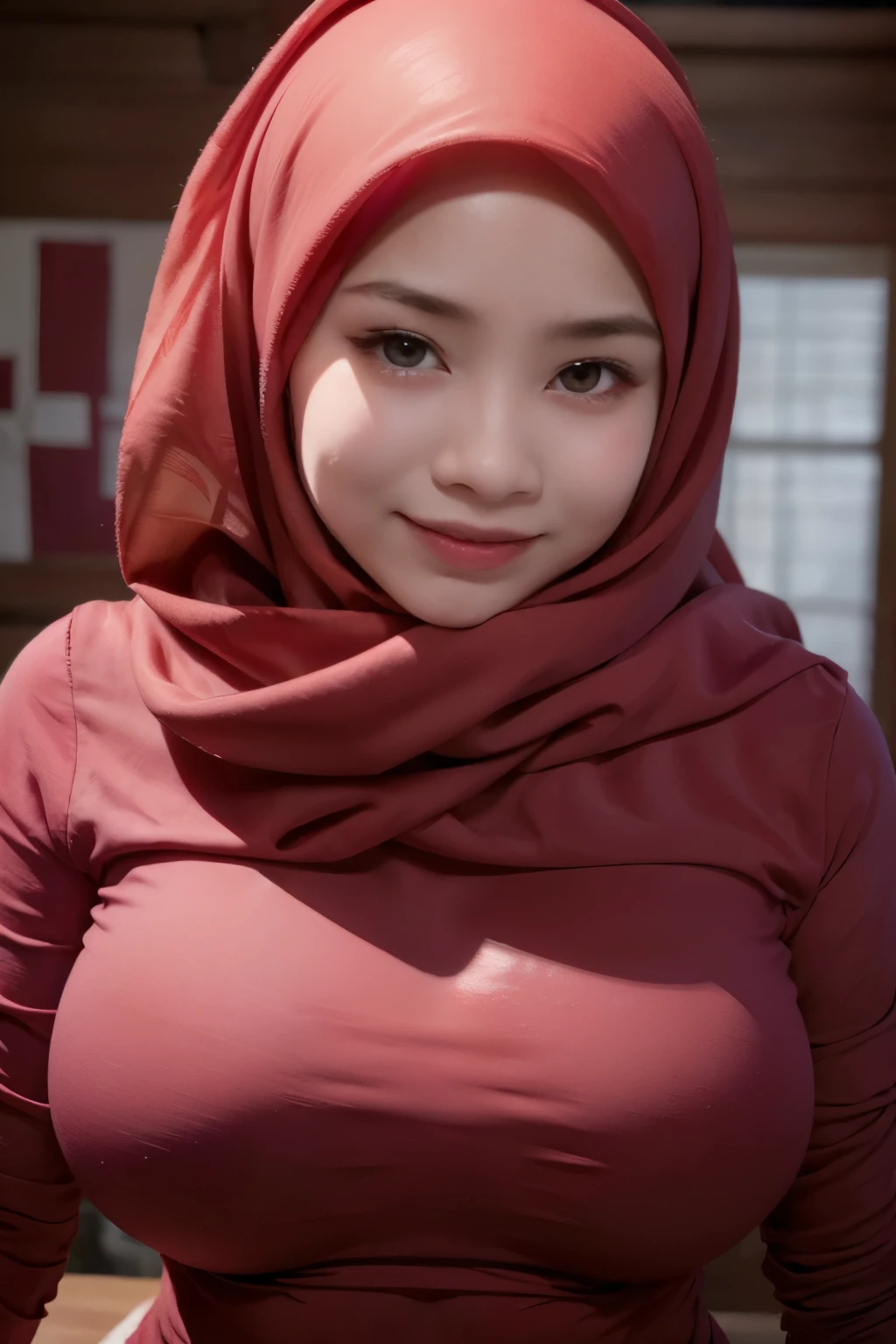 adorable, 1 girl, (face to face), , baby face, happy, half body portrait, (face details: 1), (eye details: 1), ((big breasts)). wearing transparent peach long shirt, hijab, .. Cute posed. proportional body. Ultra High Res. realistic: 1.4, UHD, floral pattern 
