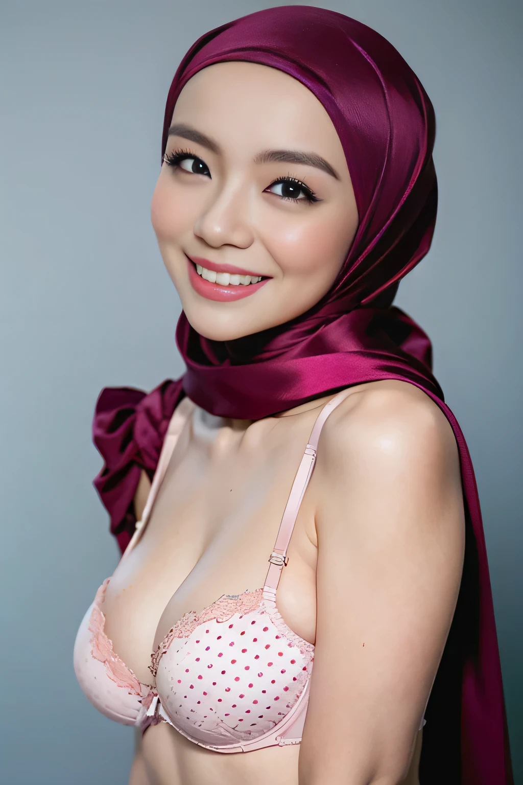 Malay girl in hijab wearing sexy pink color satin polkadot bra and panties portrait photography, mid shot photo, ultra detail, professional photograph with professional lighting, smile, light blue studio background, sexy seducing pose, curvy