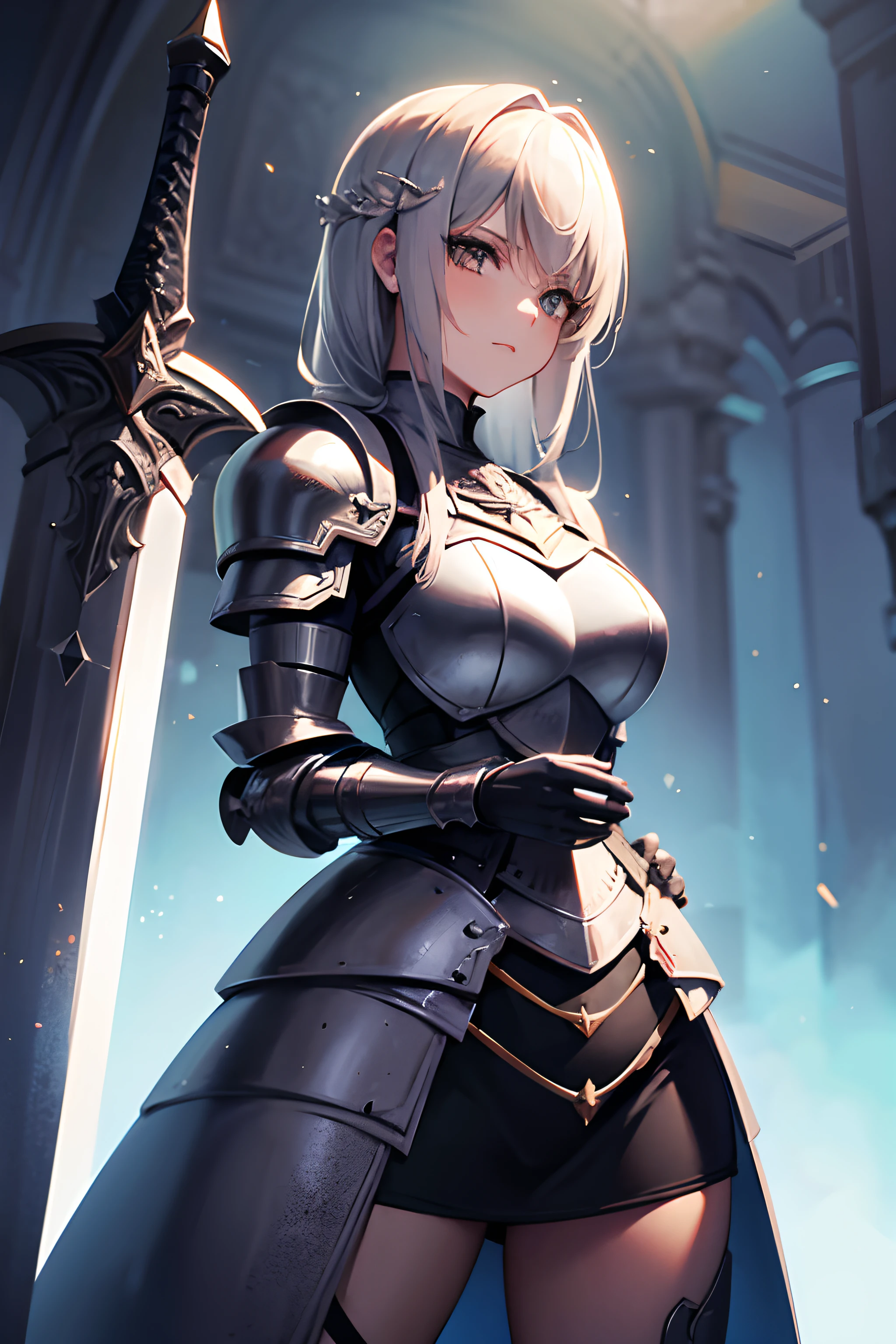 Beautiful knight girl in armor,holding a sword in his hand
