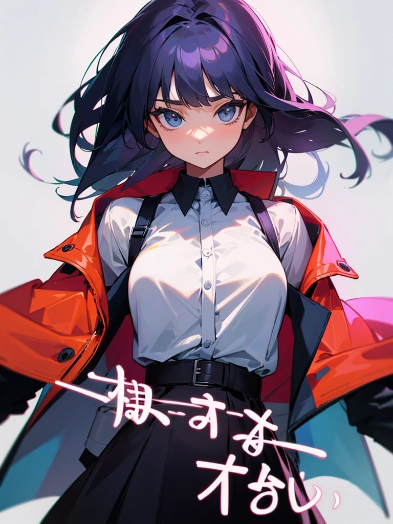 She is wearing a skirt and a shirt, jacket on top of the shirt, shoulders off.