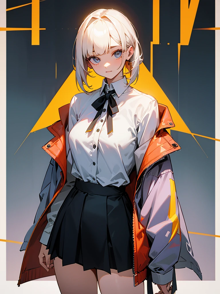 She is wearing a skirt and a shirt, jacket on top of the shirt, shoulders off. 