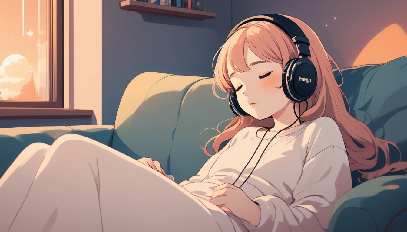 A woman wearing headphones is sleeping comfortably on a sofa, Wide-angle lens, Lofi Anime, Lofi illustration, Aesthetic atmosphere, Lo-Fi Style, Vector art, Flat Design, Simple shape, Warm tones, Pleasant atmosphere, Chill, In anime style, Digital drawing, Vector art, Vector logo for t-shirt printing, (Adorable:1.5), (small:1.4), (Playful:1.2), (soft:1.3), (Whimsical:1.1), masterpiece, Highest quality, 8K, Intricate details, grow, Celestial, Mysterious, Picturesque, amazing, Majestic, Magic, Fantasy art, Cover art, dream-like