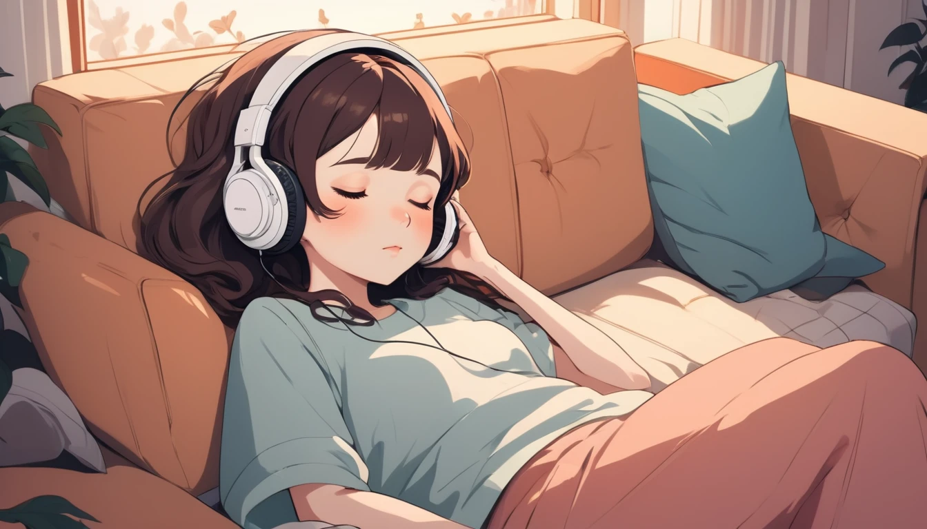 A woman wearing headphones is sleeping comfortably on a sofa, Wide-angle lens, Lofi Anime, Lofi illustration, Aesthetic atmosphere, Lo-Fi Style, Vector art, Flat Design, Simple shape, Warm tones, Pleasant atmosphere, Chill, In anime style, Digital drawing, Vector art, Vector logo for t-shirt printing, (Adorable:1.5), (small:1.4), (Playful:1.2), (soft:1.3), (Whimsical:1.1), masterpiece, Highest quality, 8K, Intricate details, grow, Celestial, Mysterious, Picturesque, amazing, Majestic, Magic, Fantasy art, Cover art, dream-like
