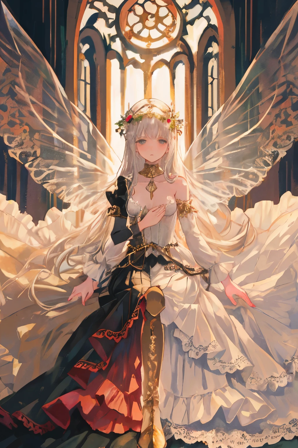((best quality)), ((masterpiece)), (detailed), a heavenly female knight, imposing, biblical, NSFW, long white grey hair, grey white eyes, very skinny, detailed, best quality, prominent collarbones, skinny arms, flat stomach, visible hip bones, small breasts, full body, red and white clothing, occult aesthetic, occult, detailed and intricate steampunk and detailed gothic, NSFW, Fluttering lace flared long knee length dress with frilly petticoats, knee length dress, pleated petticoats, petticoats gothic, complex lace boots, gothic aesthetic, wielding a mighty sword with mechanical components, mandalas, small breasts, a fairy, various different types of insect wings, bug wings, beetle wings, NSFW, full body, whole body, body, chains, 