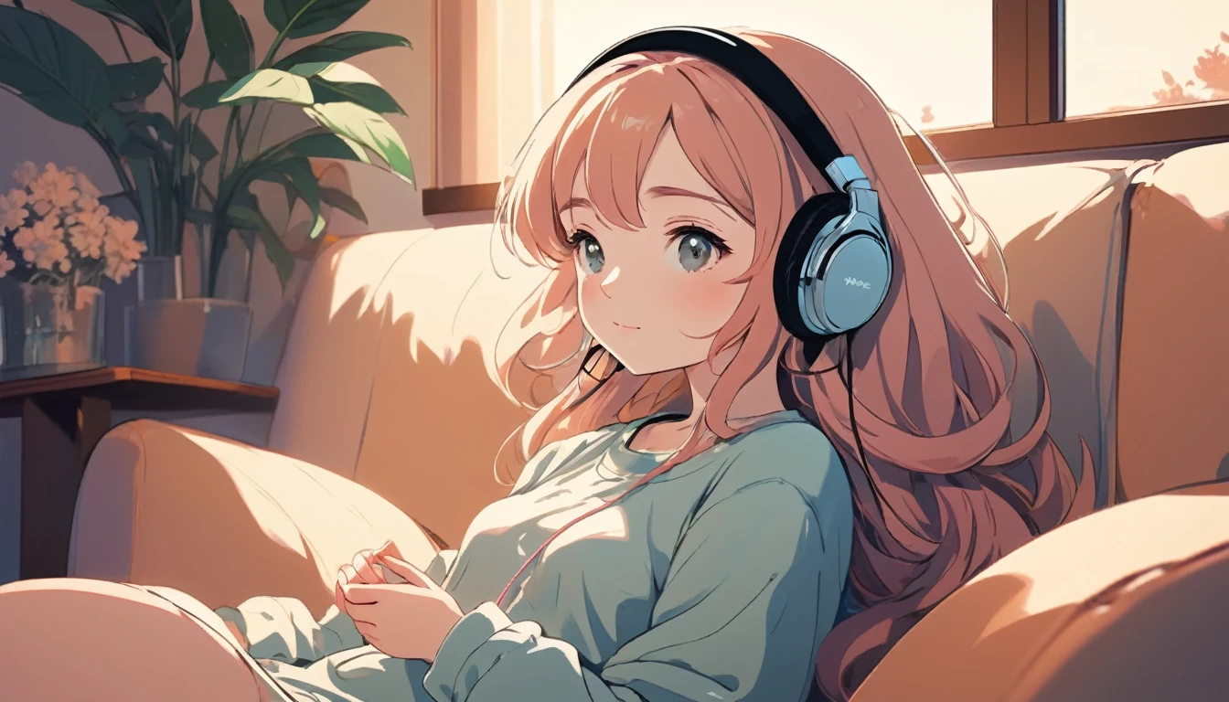 A girl wearing headphones is sitting comfortably on a sofa, Wide-angle lens, Lofi Anime, Lofi illustration, Aesthetic atmosphere, Lo-Fi Style, Vector art, Flat Design, Simple shape, Warm tones, Pleasant atmosphere, Chill, In anime style, Digital drawing, Vector art, Vector logo for t-shirt printing, (Adorable:1.5), (small:1.4), (Playful:1.2), (soft:1.3), (Whimsical:1.1), masterpiece, Highest quality, 8K, Intricate details, grow, Celestial, Mysterious, Picturesque, amazing, Majestic, Magic, Fantasy art, Cover art, dream-like