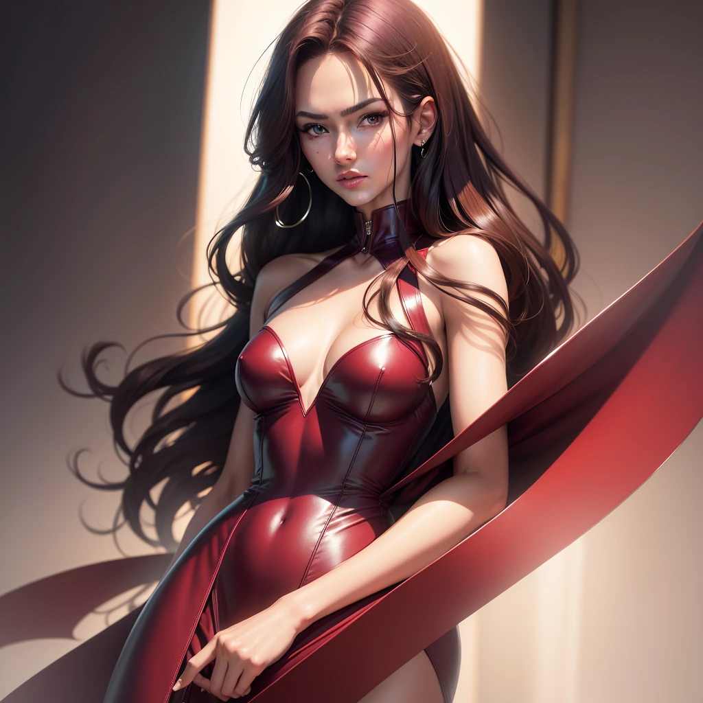 work of art,best qualityer,ultra detaild,high resolution,high resolution,4K,4Kportrait,8k,8kportrait,unity8kwallpaper,extremely detailed CG,realisitic,CRU photo,realperson,portrait photography,photorealisitic,shining skin,skin detailed,(((dynamic angle,whole body))),90s Supermodel Michelle Hicks, -height: At standard model heights、It is considered to be around 175 cm。 - Hair color: Darker maroon。 - Eye color: maroon。 -somatotipo: slender, well-proportioned model figure,。 - Characteristics: sharp and delicate facial features、long muzzle、Sharp eyebrows。