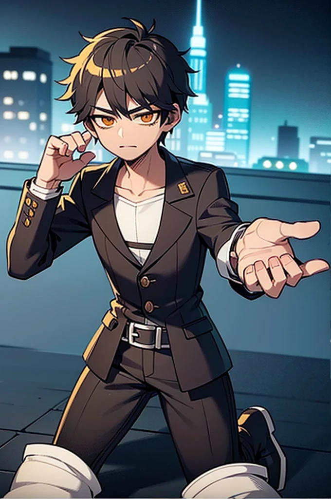 ((illustration)), (best quality)), ((masterpiece)), (detailed), ((night)), teenager, solo, 1boy, male focus, black trench coat, short hair, black hair, spiky hair, jeans, rubber shoes, cityscape, lineart, thick lines, itadori, itadori_yuuji, hair bangs, muscular, turtleneck