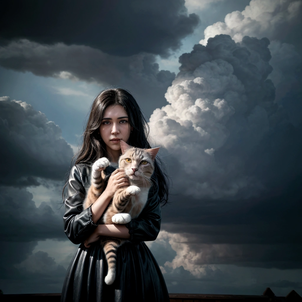 smalling woman hugging a cat in heaven, the woman is huggin a cat in the sky, with clouds, deep color, realistic, wide screen, intricate detail, splash screen, complementary colors, realistic concept art, Unreal Engine 5 volumetric lighting", dynamic lighting hyperdetailed