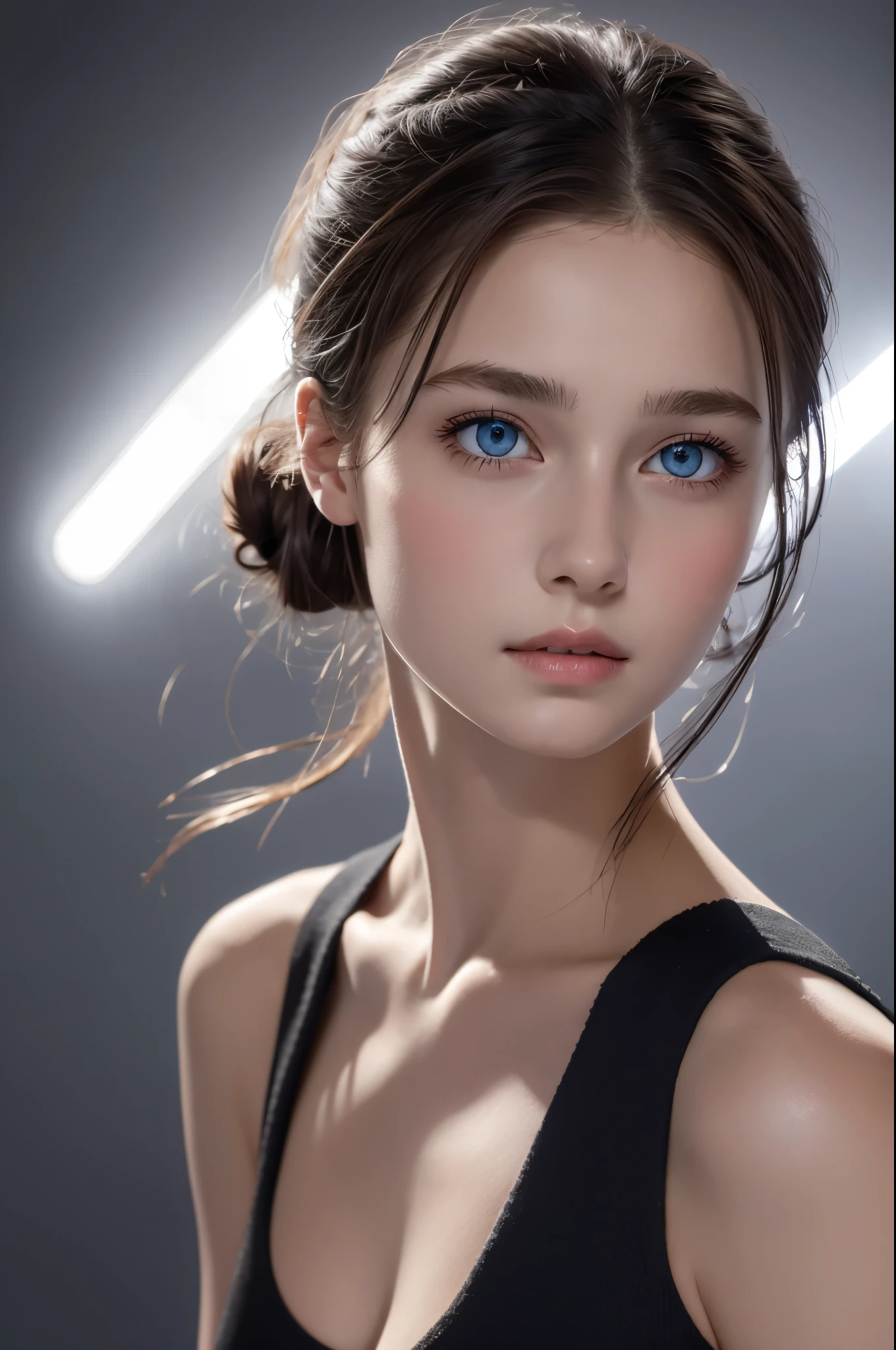 Tight black top:1.2, looking at the audience, Cinema lighting, perfect, soft light, High resolution skin:1.2, Realistic skin texture, 18 years old、a small face、No makeup，Off the shoulders，Bust C cup、blue eyes, bun, dark brown hair、Completely naked、gray background、