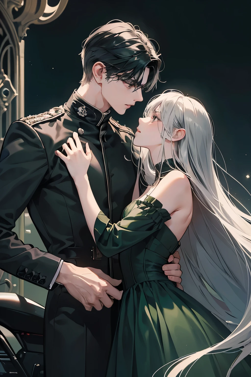 (A dark, celestial couple is captured in an intimate moment under the soft glow of moonlight, a slender, slender girl with long black hair in a dark green dress with silver trim, black eyes with helmet and motorcycle outfit, a beautiful night, rebel boy style man, holding your mouth with your fingers ready for kiss 