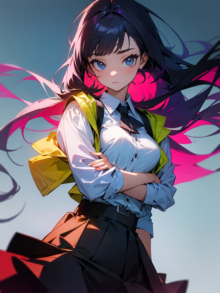 She is wearing a skirt and a shirt, jacket on top of the shirt, shoulders off.