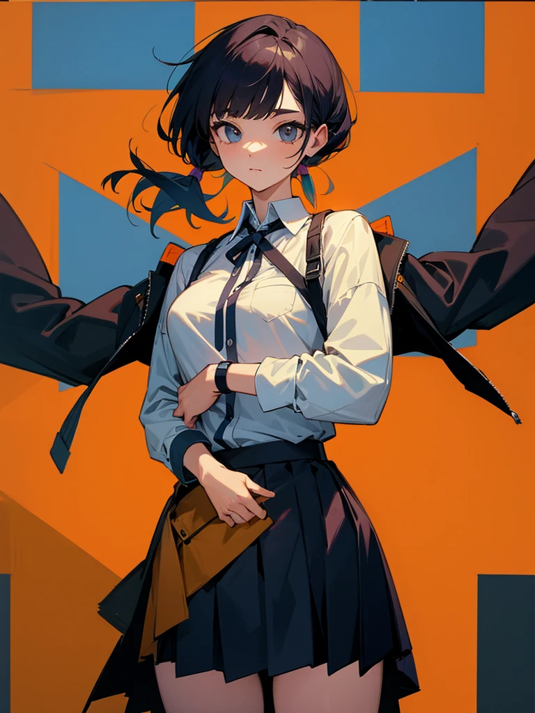 She is wearing a skirt and a shirt, jacket on top of the shirt, shoulders off.
