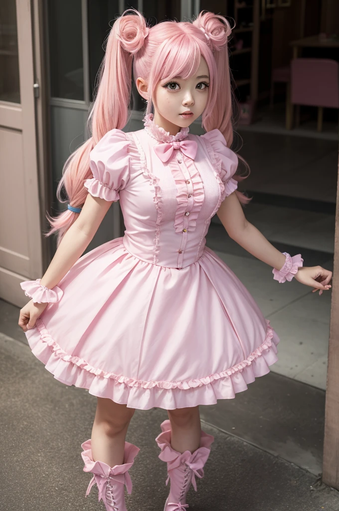 A magical girl with pink hair a beautiful pink outfit with two big pigtails make her fight against evil