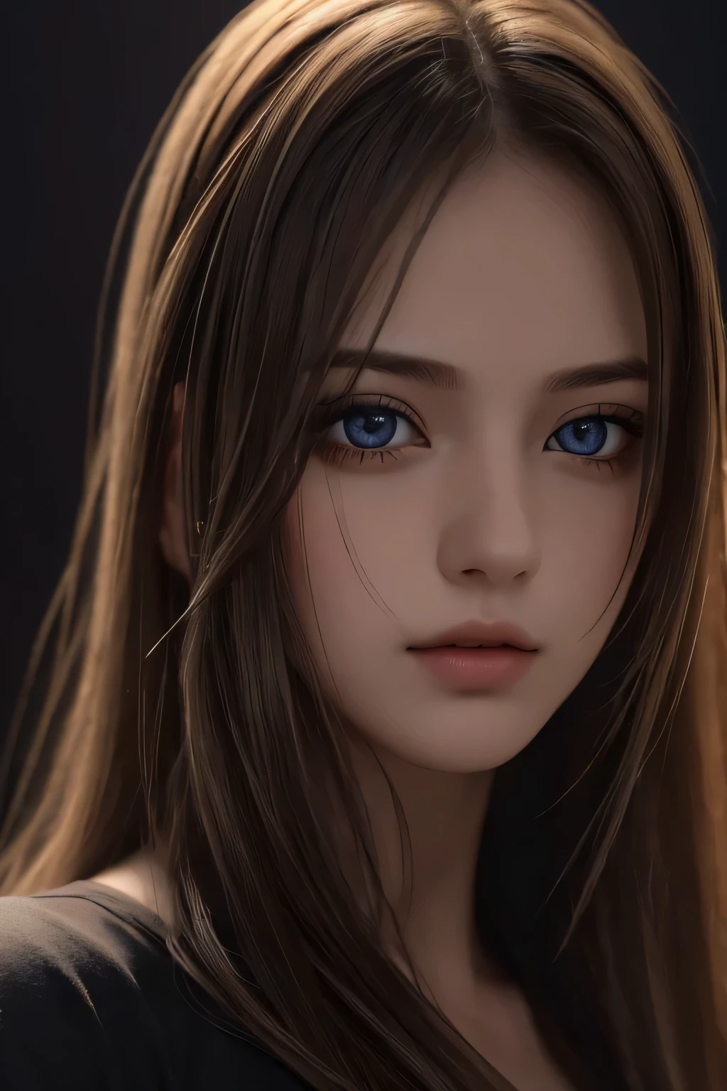 best quality, masterpiece, Ultra-high resolution, (Reality:1.37), RAW photos, 1 Girl, Long hair, beautiful eyes,  Beautiful face, Detailed eyes and face, t-shirt, Dynamic Lighting, in the darkness, Deep Shadows, Low profile, Cowboy shooting