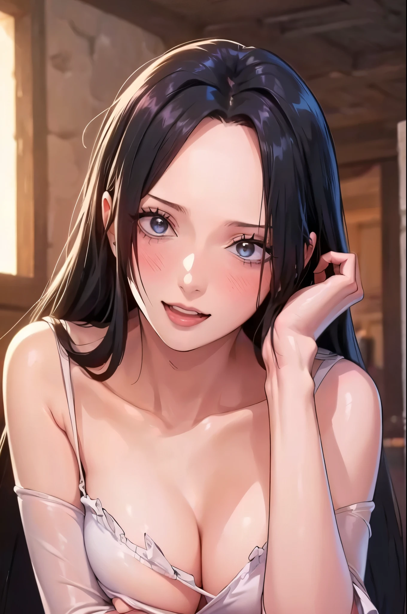 best quality, masterpiece, highly detailed,1girl, Boa Hancock, , (masterpiece:1.5), Detailed Photo, Smiling, Sexy, (8K, Best Quality: 1.4), (1girl), Beautiful Face, (anime realistic Face), (Black Hair, long Hair: 1.3), Beautiful Hairstyle, Realistic eyes, beautiful detail eyes, (white skin), beautiful skin, absurd, attractive, ultra high resolution, ultra realistic, high definition, golden ratio, (sexually aroused:1.5), Pinkish white skin, cool white light, sexy pose, Beautiful , white background, pink soft white light, Wear a black bodycon dress, (messy hair:1.5), (masturbate:1.5)