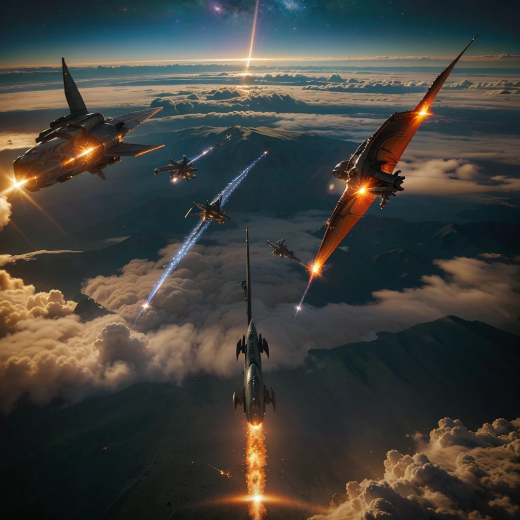 Photorealistic ground to sky eye view of a warworld alien invasion planet featuring flaming spaceships soaring across the sky in a fierce clash with the sci-fi African army's dragon riders, saddled on colossal dragons flying with majestic wings as they attack the spaceships, realistic dynamic lighting blends seemlessly with natural light