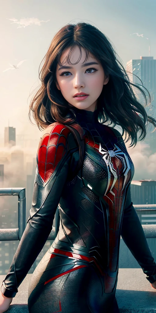 (1girl:1.3), Solo, (((Very detailed face)))), ((Very detailed eyes and face)))), Beautiful detail eyes, Body parts__, Official art, Unified 8k wallpaper, Super detailed, beautiful and beautiful, beautiful, masterpiece, best quality, original, masterpiece, super fine photo, best quality, super high resolution, realistic realism, sunlight, full body portrait, amazing beauty, dynamic pose, delicate face, vibrant eyes, (from the front), She wears Spider-Man suit, red and black color scheme, spider, very detailed city roof background, rooftop, overlooking the city, detailed face, detailed complex busy background, messy, gorgeous, milky white, highly detailed skin, realistic skin details, visible pores, clear focus, volumetric fog, 8k uhd, DSLR, high quality, film grain, fair skin, photo realism, lomography, futuristic dystopian megalopolis, translucent