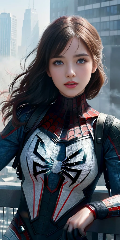 (1girl:1.3), Solo, (((Very detailed face)))), ((Very detailed eyes and face)))), Beautiful detail eyes, Body parts__, Official art, Unified 8k wallpaper, Super detailed, beautiful and beautiful, beautiful, masterpiece, best quality, original, masterpiece, super fine photo, best quality, super high resolution, realistic realism, sunlight, full body portrait, amazing beauty, dynamic pose, delicate face, vibrant eyes, (from the front), She wears Spider-Man suit, red and black color scheme, spider, very detailed city roof background, rooftop, overlooking the city, detailed face, detailed complex busy background, messy, gorgeous, milky white, highly detailed skin, realistic skin details, visible pores, clear focus, volumetric fog, 8k uhd, DSLR, high quality, film grain, fair skin, photo realism, lomography, futuristic dystopian megalopolis, translucent