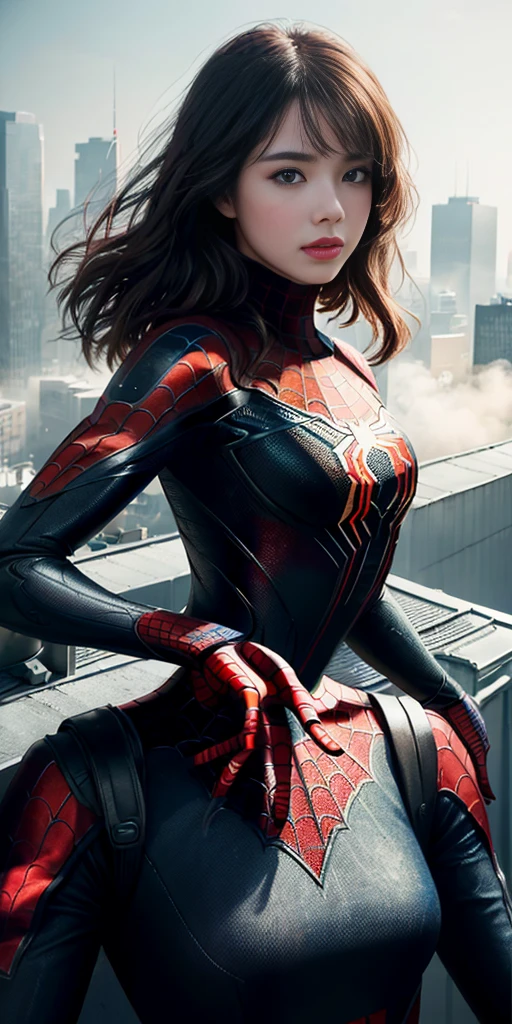 (1girl:1.3), Solo, (((Very detailed face)))), ((Very detailed eyes and face)))), Beautiful detail eyes, Body parts__, Official art, Unified 8k wallpaper, Super detailed, beautiful and beautiful, beautiful, masterpiece, best quality, original, masterpiece, super fine photo, best quality, super high resolution, realistic realism, sunlight, full body portrait, amazing beauty, dynamic pose, delicate face, vibrant eyes, (from the front), She wears Spider-Man suit, red and black color scheme, spider, very detailed city roof background, rooftop, overlooking the city, detailed face, detailed complex busy background, messy, gorgeous, milky white, highly detailed skin, realistic skin details, visible pores, clear focus, volumetric fog, 8k uhd, DSLR, high quality, film grain, fair skin, photo realism, lomography, futuristic dystopian megalopolis, translucent