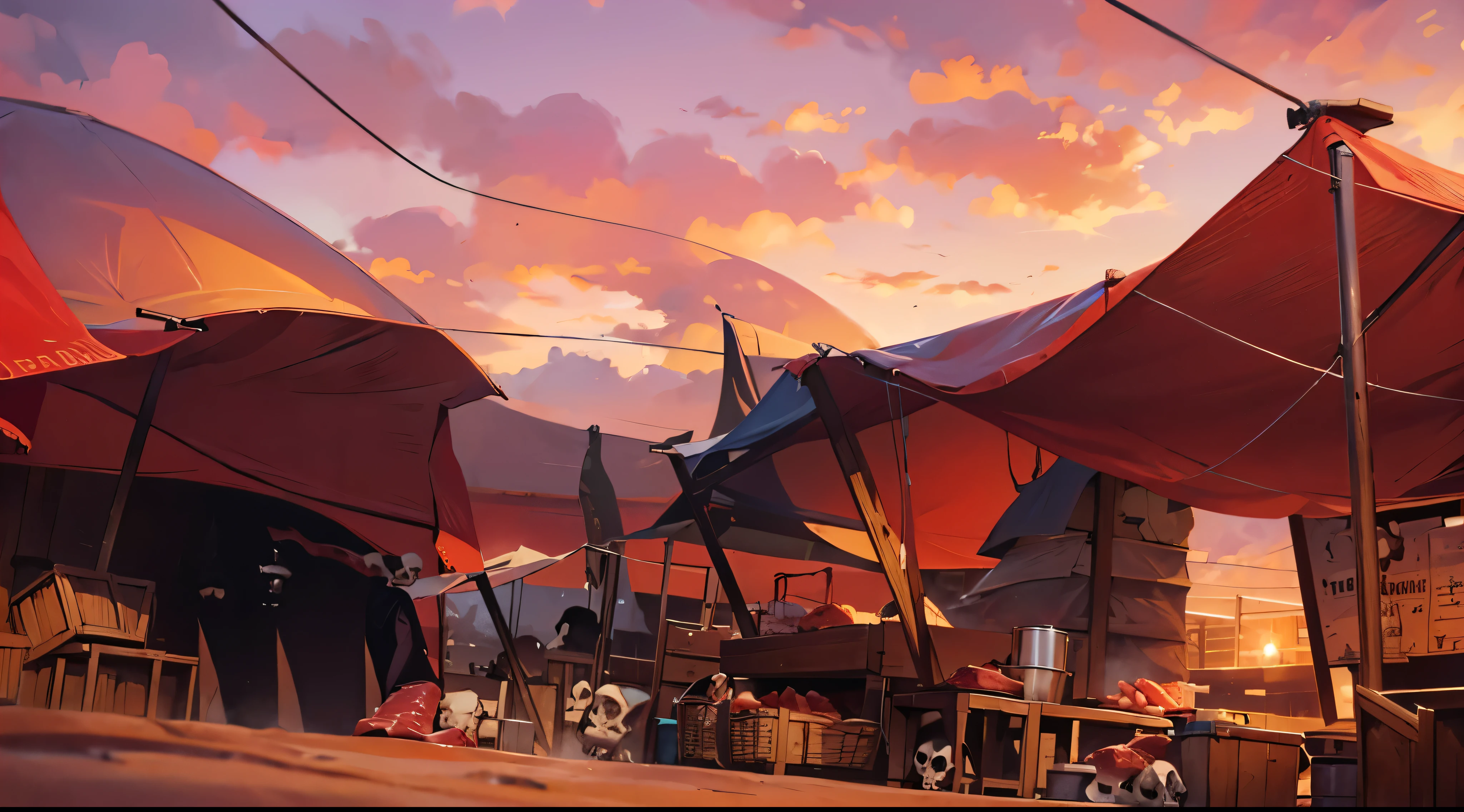 traditional market, (butchery, (they sell meats, skull) :1.5), (market stalls, market tents, canopies, tarp canopy), wooden boxes, wooden basket, wire,, sand ground, dawn sky, dark morning, low angle, 