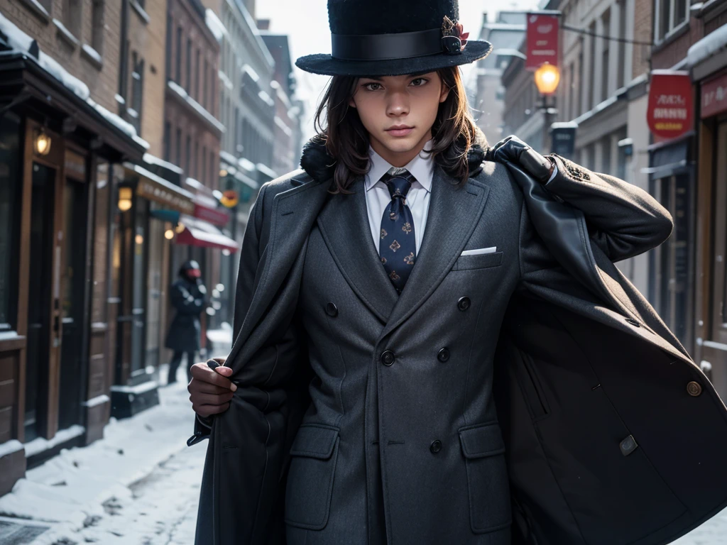  well-dressed human, with a heavy coat and hat