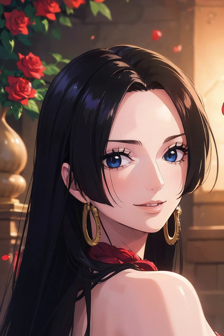 best quality, masterpiece, highly detailed,1girl, ((rose)), (vine), cage, bandage, red rope, (detail light), falling rose petals, Boa Hancock,, (masterpiece:1.5), Detailed Photo, Smiling,(8K, Photorealistic, Best Quality: 1.4), (1girl), Beautiful Face, (anime realistic Face), (Black Hair, long Hair: 1.3), Beautiful Hairstyle, Realistic eyes, beautiful detail eyes, (realistic skin), beautiful skin, (sweater), absurd, attractive, ultra high resolution, ultra realistic, high definition, golden ratio, backwards, looking back