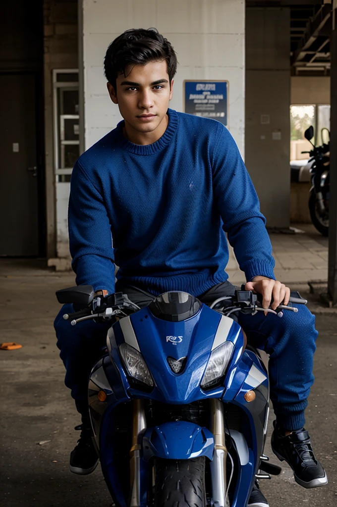 Young boy riding a CBR 150 motorbike,wearing a blue sweater, on the front of the sweater there is Hasan&#39;s name, pose in the mountains, 4 dimensions, sharp color