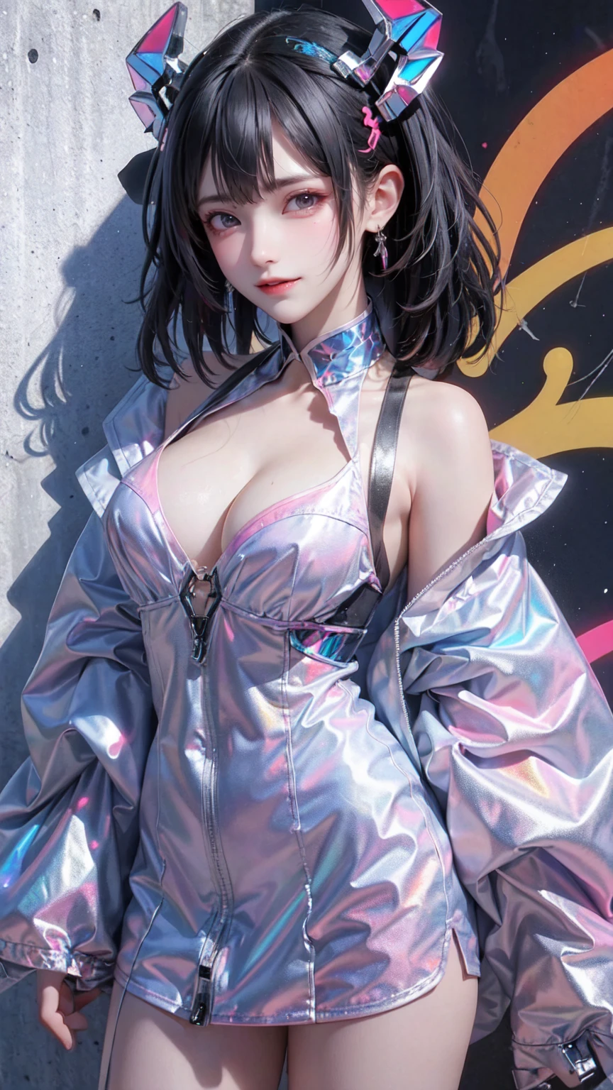 (best quality), masterpiece, Extremely detailed CG8K illustration, High Color, Extremely High Color saturation, All colors are deepened, , Graffiti Art, Central Composition, Extremely detailed lighting, graffiti wall, The walls are painted bright colors, 1 girl graffiti 1 girl looking at the wall, The face and eyes are very detailed, short hair, Sportswear, Showing moderate cleavage:1.5,Colorful Clouds,