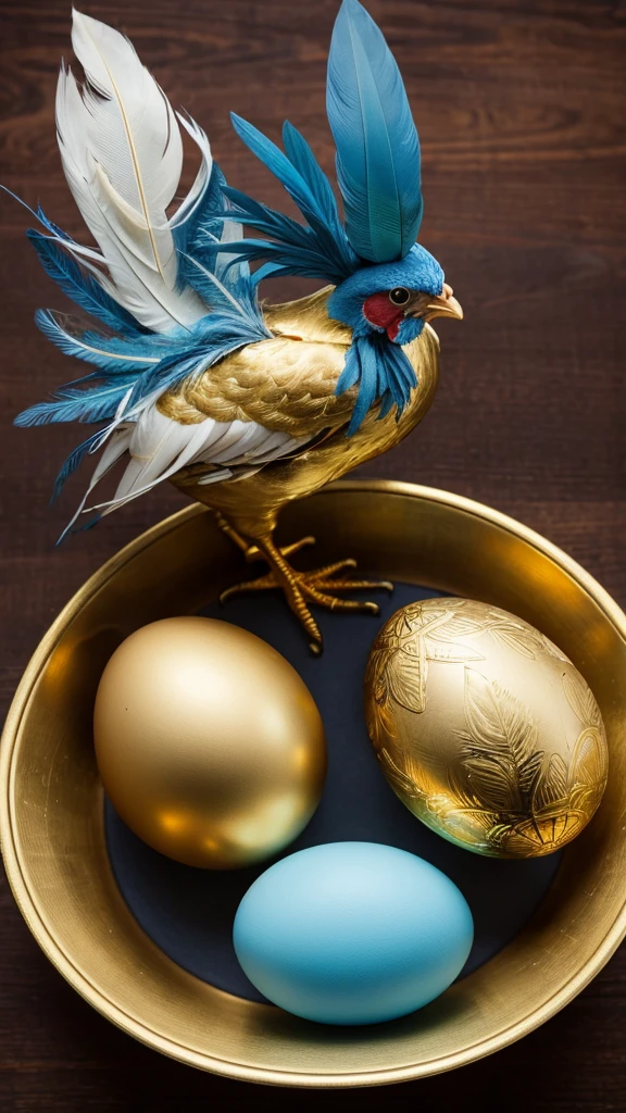 Chicken, feathers gold, crest blue, flesh drooping blue, three golden eggs beside it.