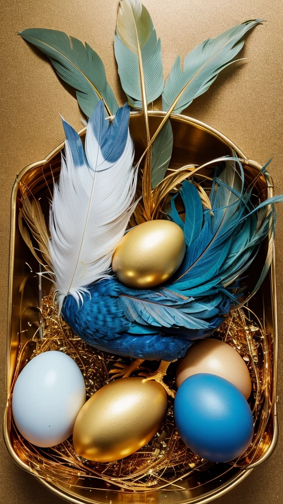 Chicken, feathers gold, crest blue, flesh drooping blue, three golden eggs beside it.