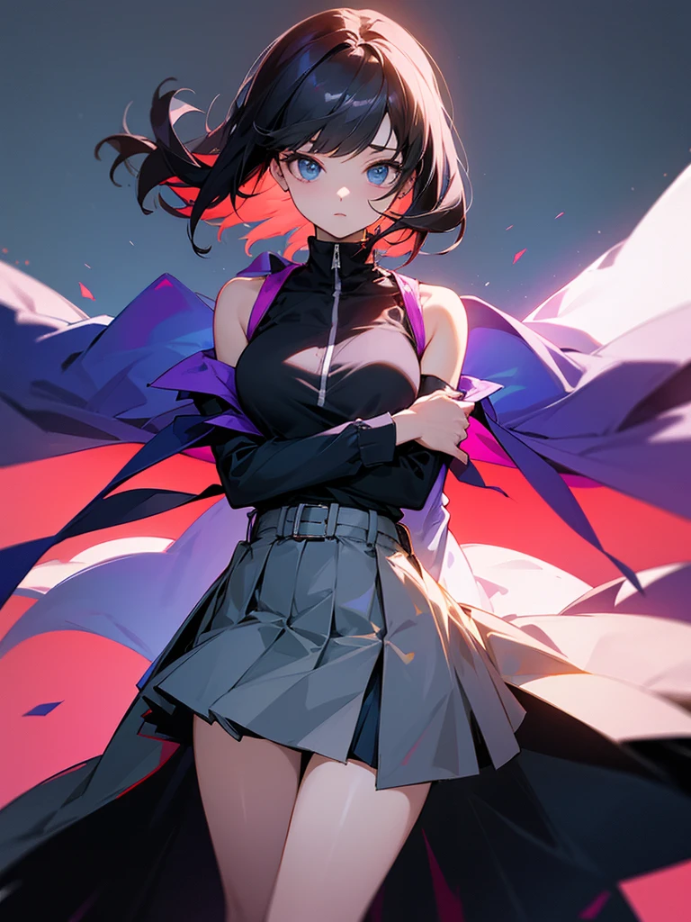 She is wearing a skirt and a shirt, jacket on top of the shirt, shoulders off. 