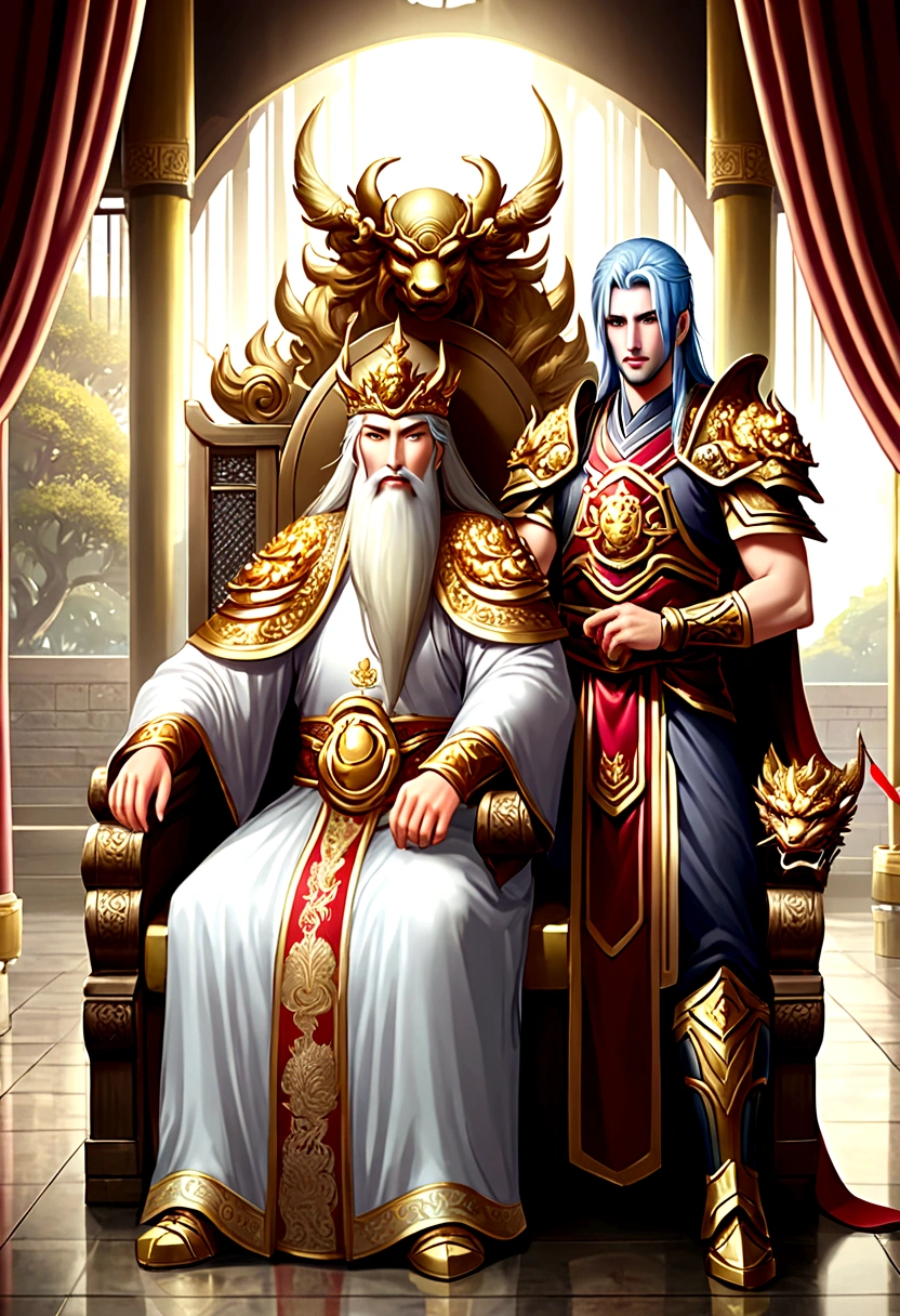 1 An old emperor named John,Tall, Square face.Silver long hair,Wearing a golden crown, Thick eyebrows,Long white beard.,Pale complexion, Wearing a gorgeous golden robe,Embroidered with dragon pattern.;1 A young general named Ken,Burly figure,Long face, Blonde short hair,Thick eyebrows,Short whiskers,Healthy bronze,Wearing a red armor,Symbol with sun,There is a golden sword on the waist; John is sitting majestically on a glittering throne。Ken stands in front of the throne,Looks like he's protecting the man sitting on the throne,There was an air of respect and loyalty between the two.。