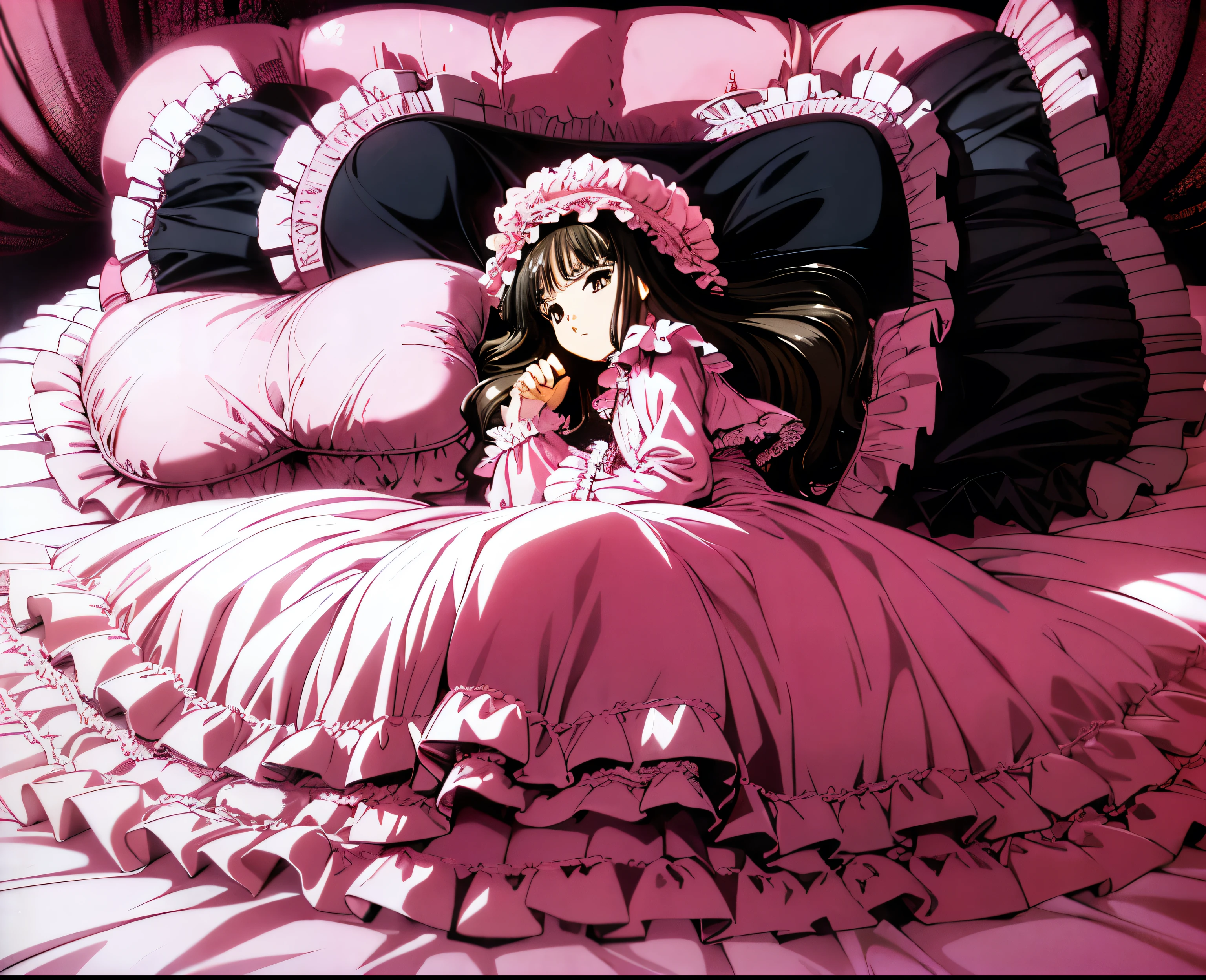 ,highest quality, masterpiece, highest resolution, artwork, super それにget used to it, many get used to it, get used to it, それにget used to it, 3K anime illustration,(( 10 year old girl)),Super detailed baby face,high quality small face,long black hair,Japanese,landmine girl,pajamas,,curly hair,((((Pink ta Fashion Long Skirt One Piece Dress)))),((Cute pink pajamas with lots of frills and ribbons)),((Luxurious pink headdress with frills and ribbons)),((((black ruffles and lace)))),detailed headdress,,(((big yoke collar))),Yoke collar with ruffles and ribbons,((((long sleeve)))),ruffle sleeves,((((long skirt)))),pink and black pillow with large ruffles and ribbons,(((Nice pink outfit))),On a luxurious canopy bed,canopy bed,The bed is surrounded by luxurious curtains,There are many pink and black frilly pillows on the bed.,Behind the girl are many pink and black frilly pillows...,super detailed background,detailed bed,((((pink duvet with black lace and ruffles)))),soft pink comforter,Highly detailed soft ruffle pillow,Beautiful girl illustration,detailed beautiful face,thin hair,detailed eye ,detailed eyes,detailed mouth, arm details,fine hands,Detailed pillow,wide bed,Illustration on the bed, ,((((round futon)))),((((A large pink futon that covers the entire bed)))),detailed comforter,detailed bedシーツ,Before bedtime,romantic atmosphere,palace bedroom,((((The lower body is hidden under a large futon....)))) The girl is leaning on a pile of pillows, ,((((round futon)))),((((Large pink ruffle comforter with black ruffles and lace covering the entire bed)))),look at me with contempt,Hold your hands,bring both hands close to the mouth,