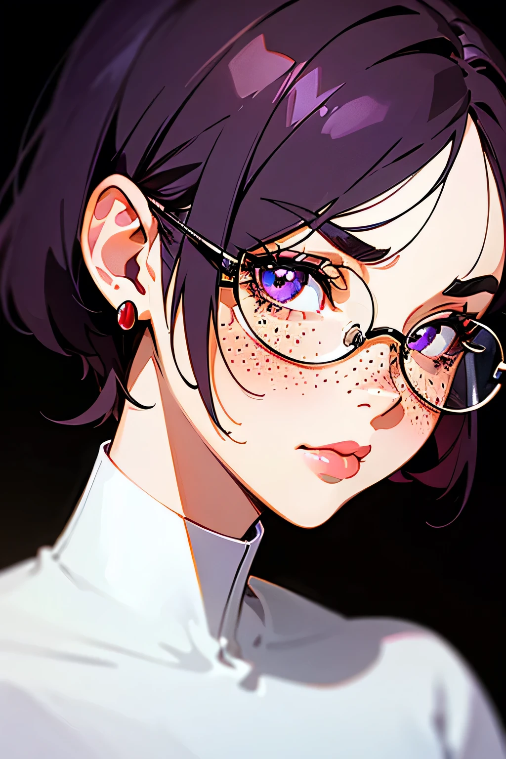 Portrait of a woman's face, Mature woman, 30 years old, with sharp eyes with long eyelashes, a sleepy look, dark violet pupils, with wide eyebrows, an upturned nose with a red blush, rosy cheeks,Wide, red, full lips, large round ears, freckles on her face, white circular glasses, a mole under her lip, , short hair of a dark violet color, almost almost black, her hair is straight, falls to the sides reaching her neck, with short bangs that become slightly transparent At the tips, she wears circular earrings in her ears and a white choker around her neck. Her skin is white like marble. She is in profile looking at the camera with a serious expression.